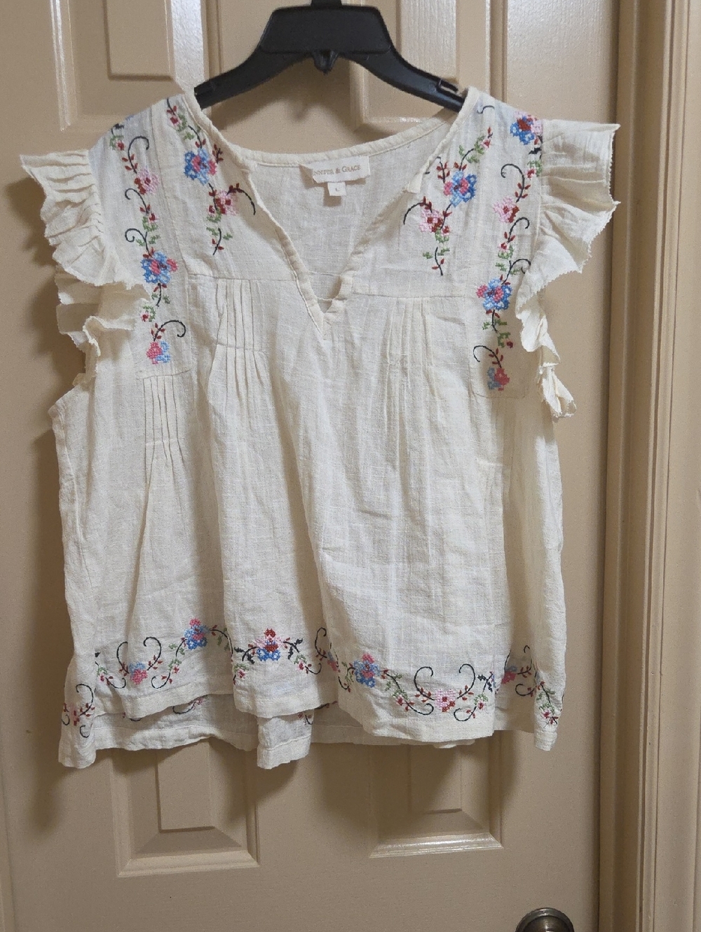 Jennifer & Grace Boho Floral Embroidered Blouse Cream Size L